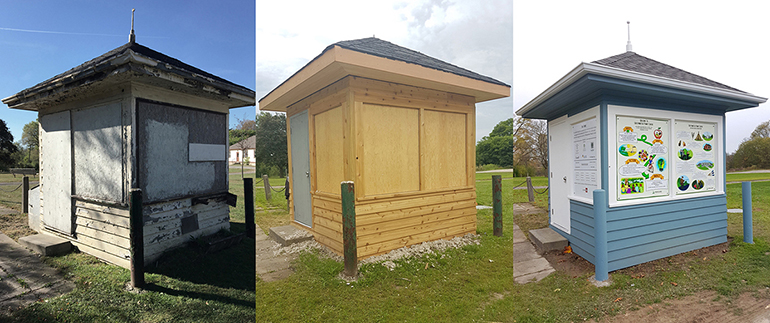 Three photos showing the progression of the gatehouse restoration